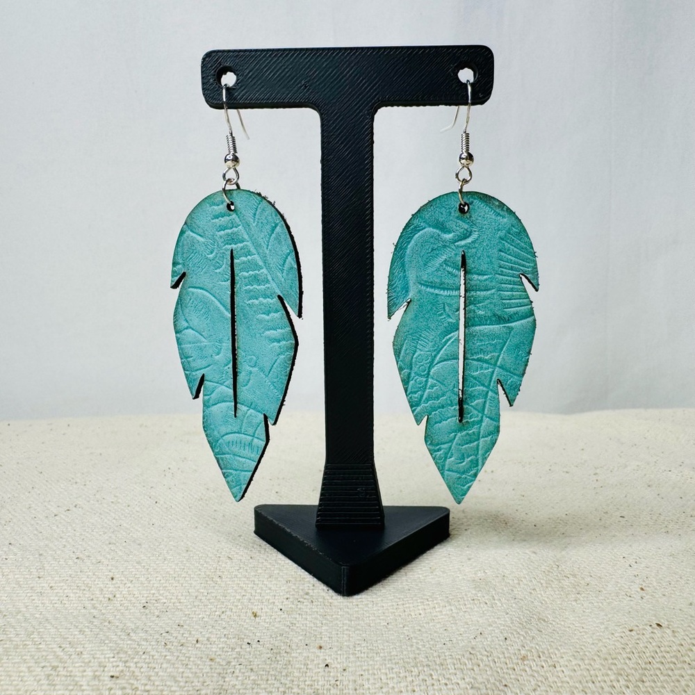 Aqua Blue Feather Shaped Embossed Leather Earrings
